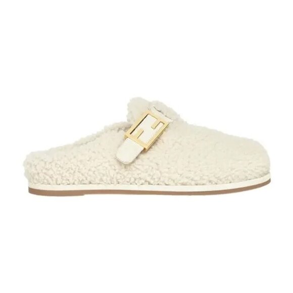 FENDI Feel FF Shearling  Buckled Sabots Mules Slides Flat Clog Sandals - Picture 2 of 16